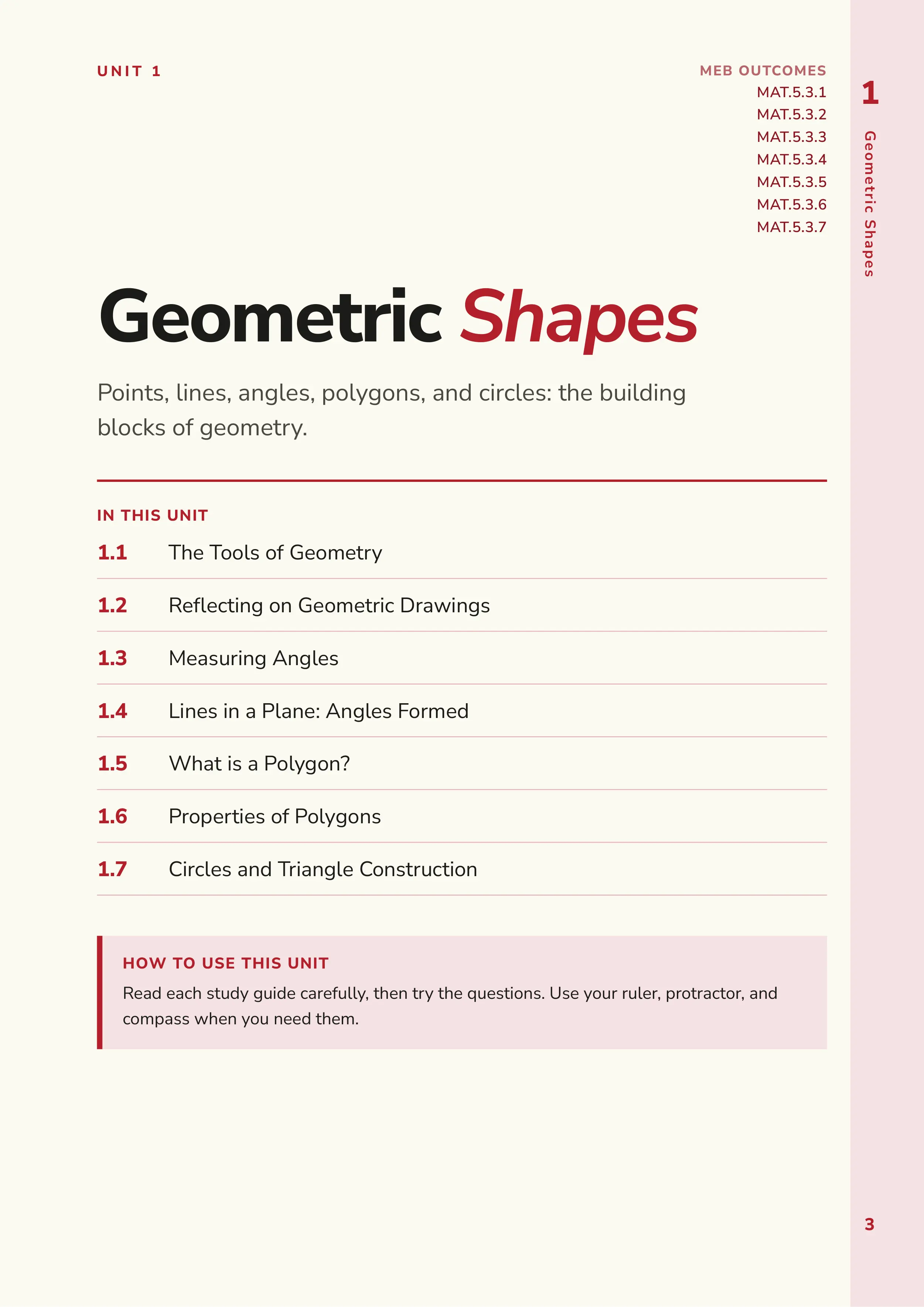 Unit opener page titled Geometric Shapes listing seven lessons and the MEB outcome codes it covers.