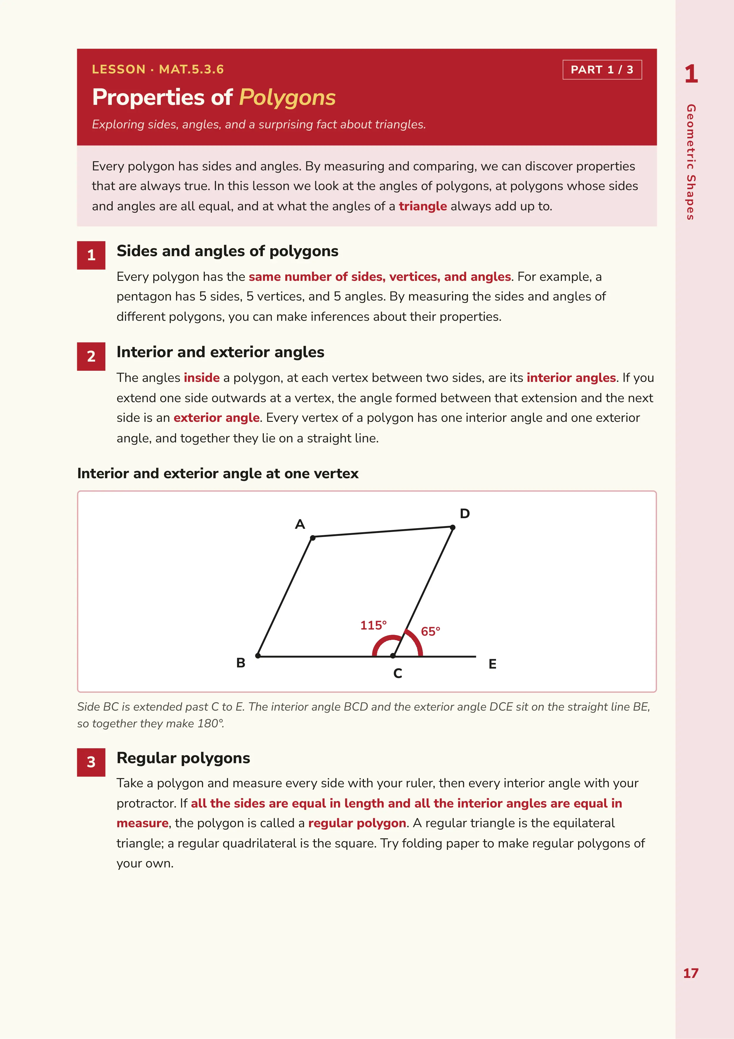 Mathematics lesson page on properties of polygons with a labelled diagram of interior and exterior angles.