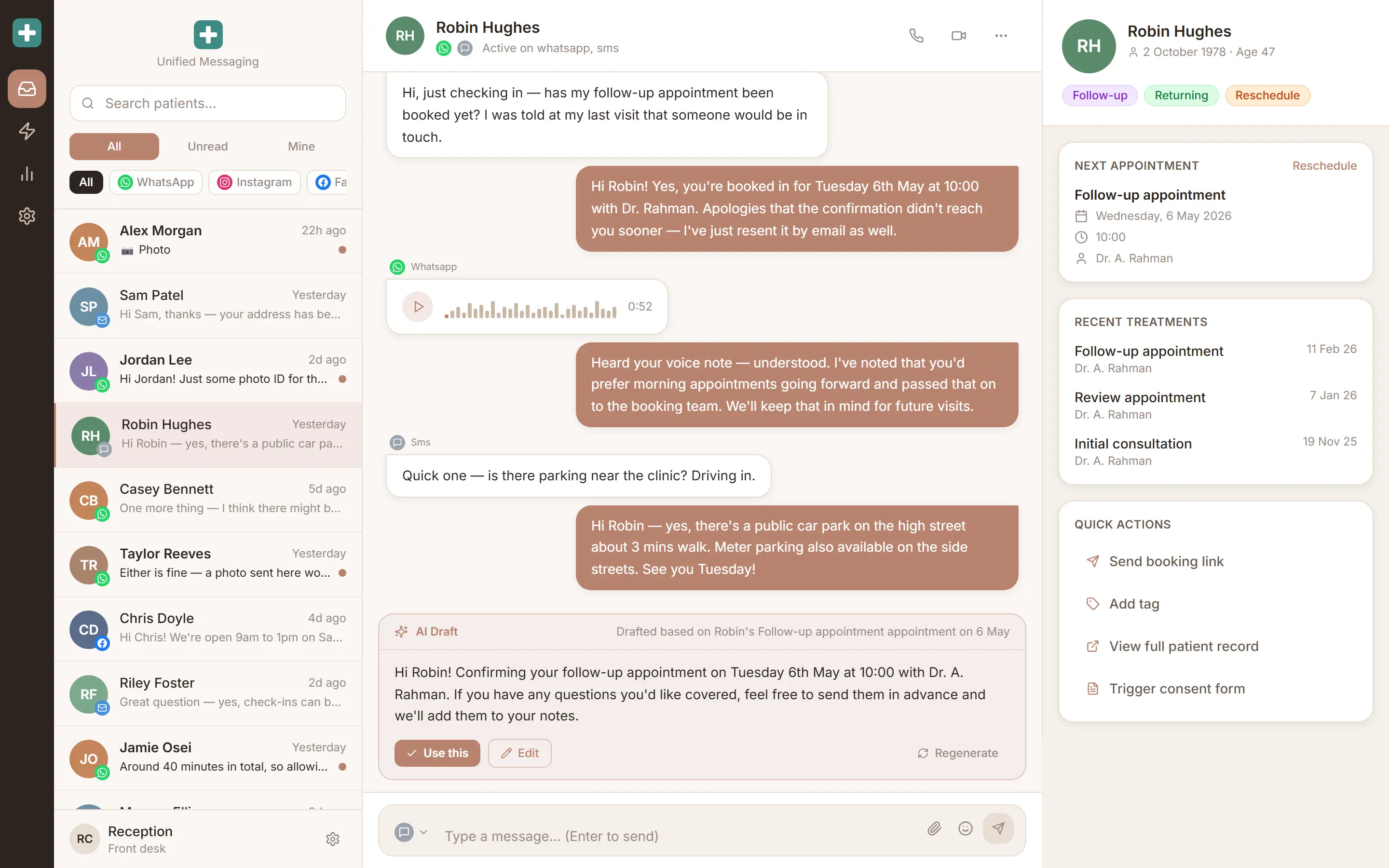 Unified inbox with a selected fictional patient thread, an AI draft box with Use this, Edit and Regenerate buttons, and a patient record panel.