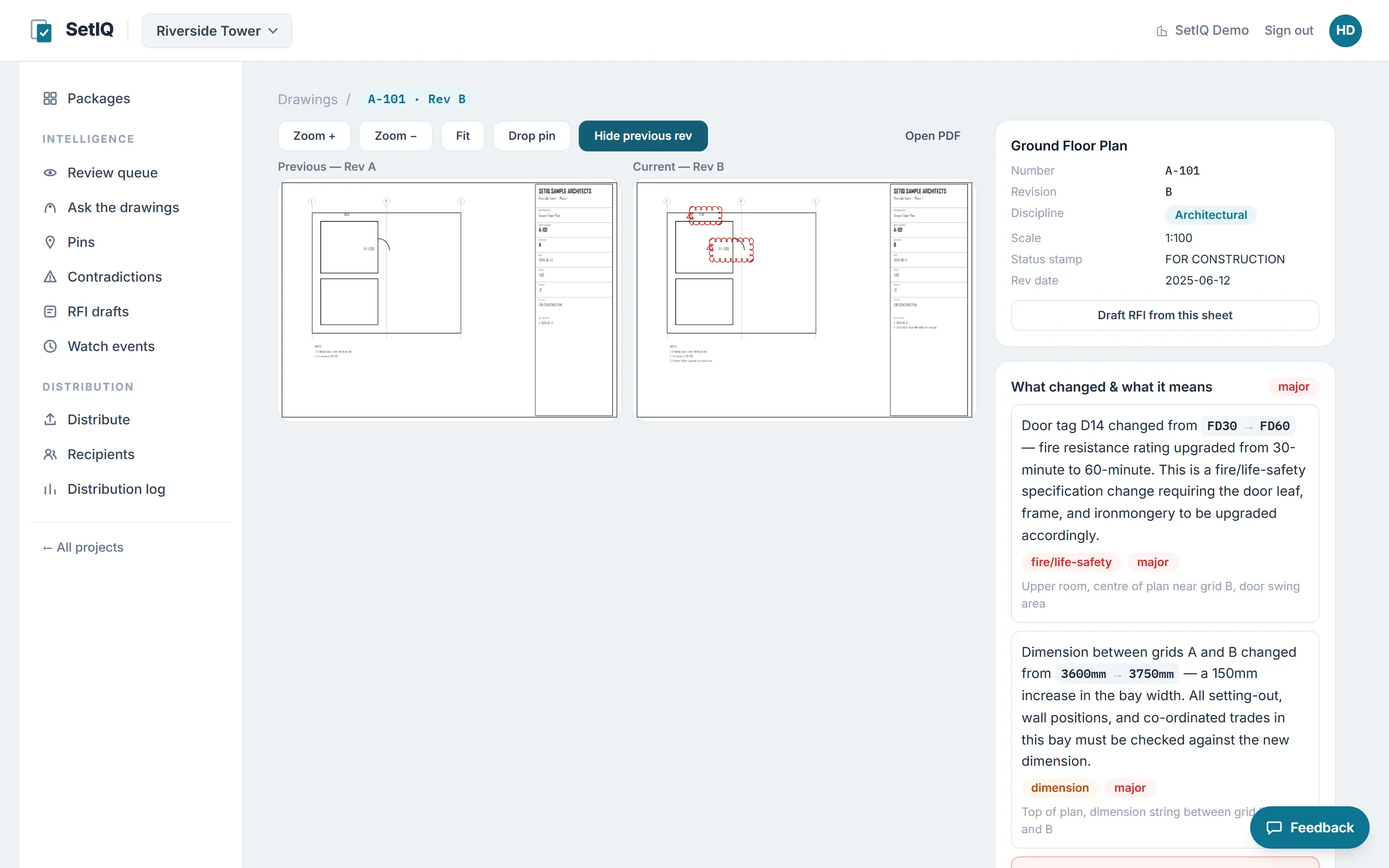 Side-by-side comparison of two revisions of a sample floor plan with a What changed panel listing a fire door rating change and a dimension change, both tagged major.