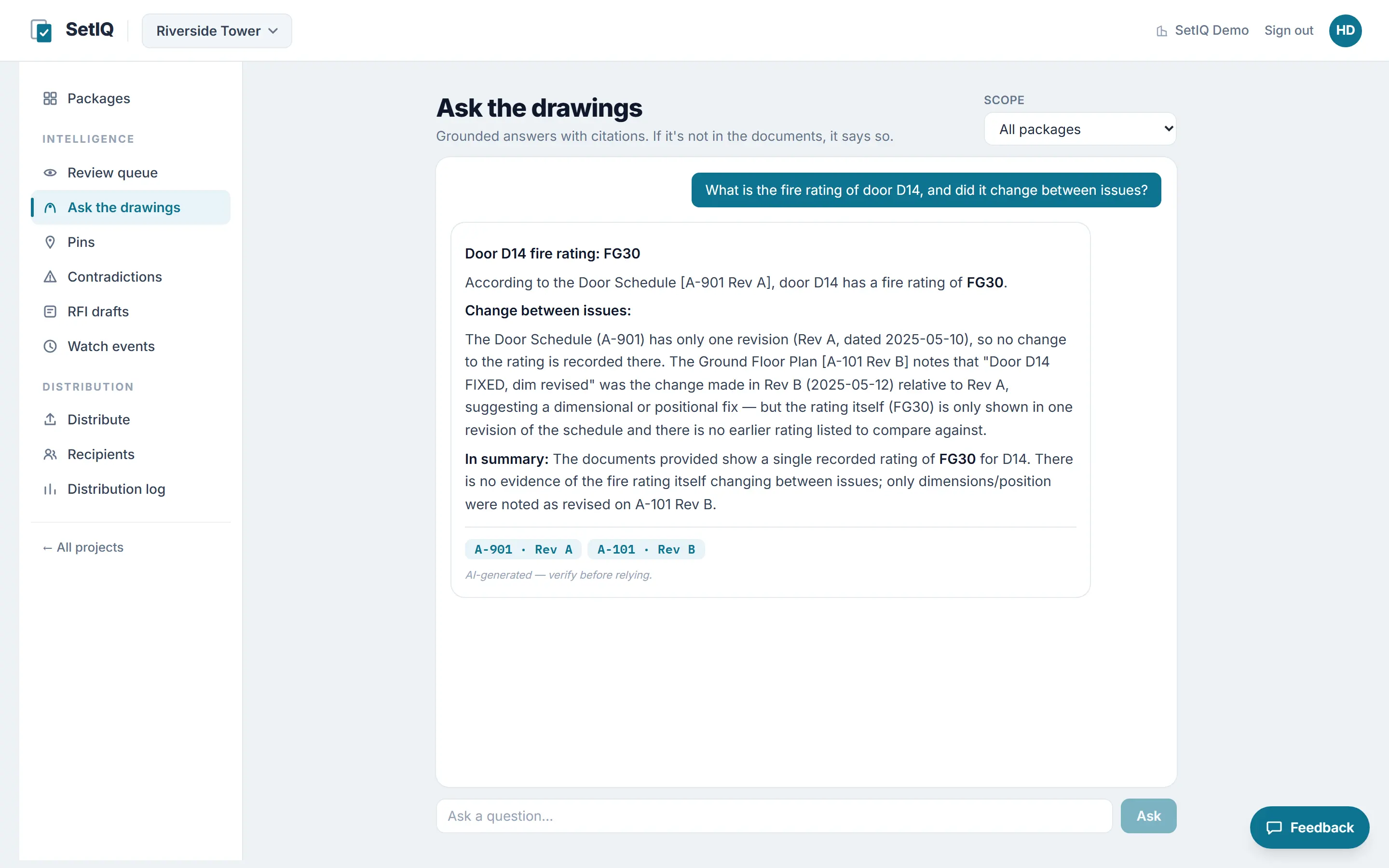 Ask the drawings screen with a question answered in prose, two citation chips naming sheet and revision, and a note that the answer is AI-generated and should be verified.