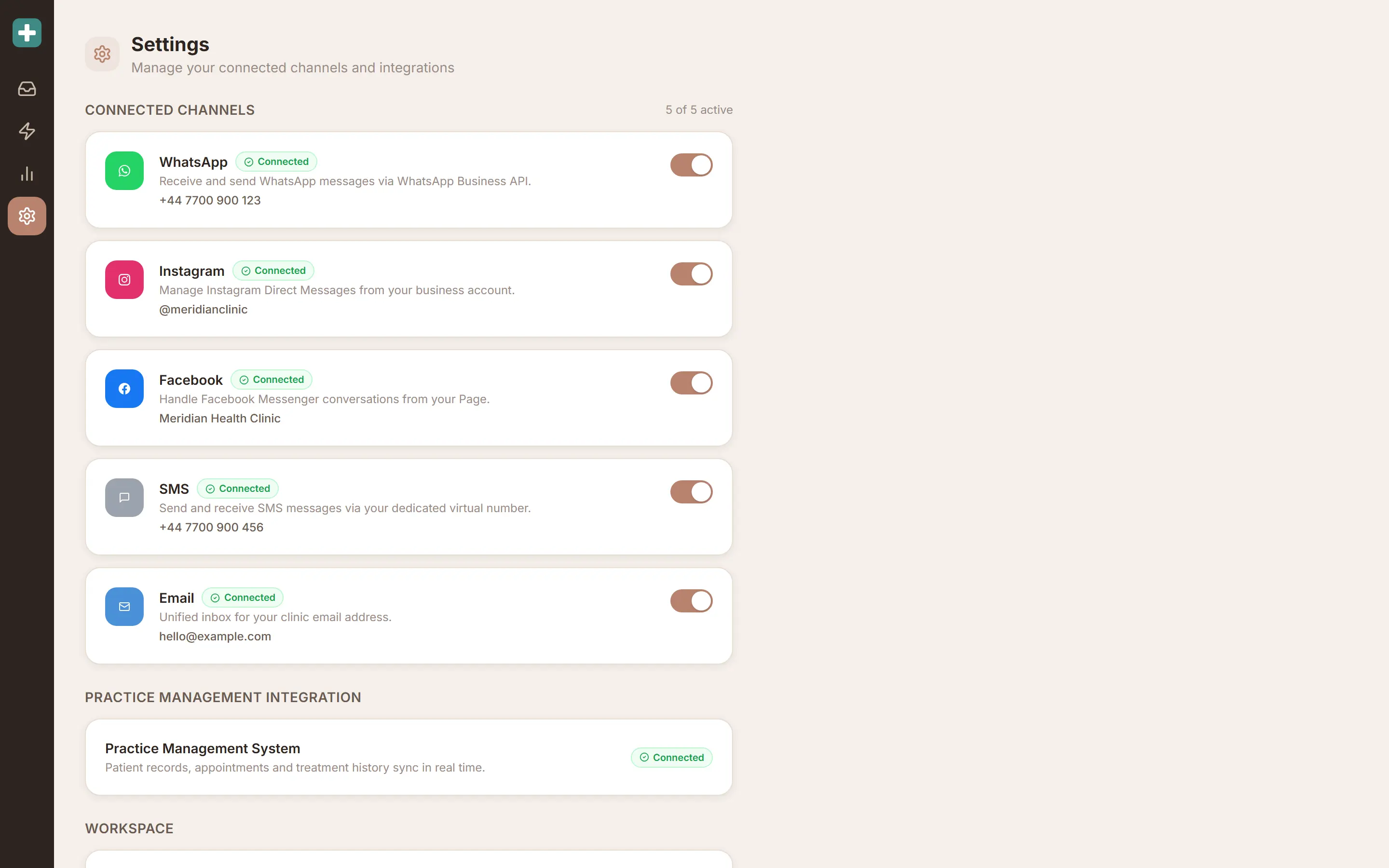 Settings screen with toggles for connected channels WhatsApp, Instagram, Facebook, SMS and email using placeholder account identifiers.