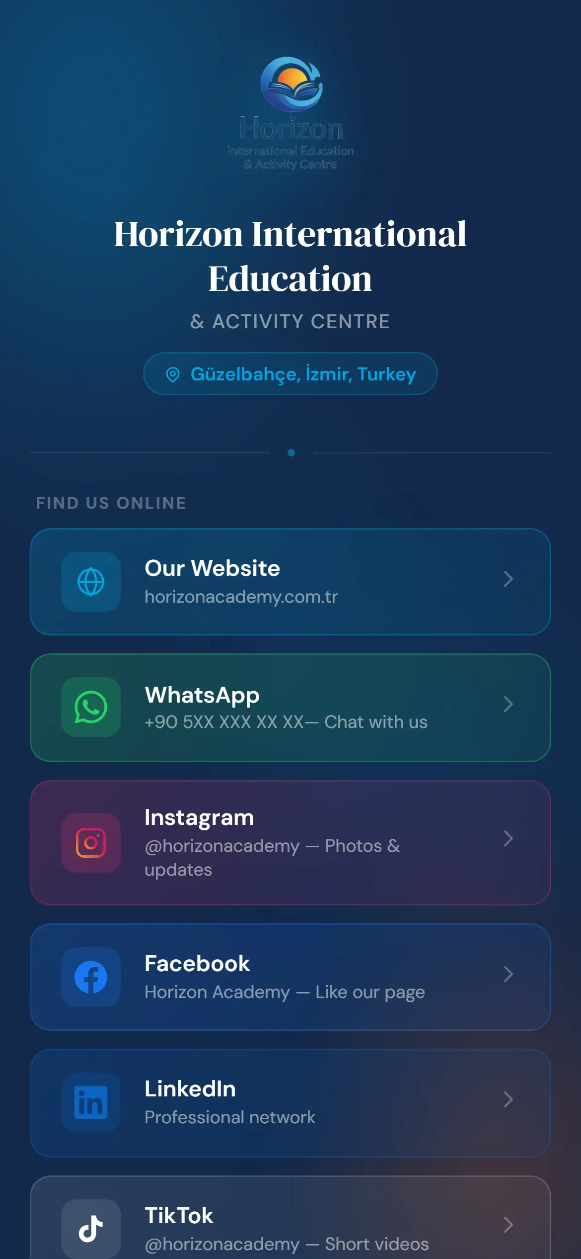 Dark navy phone-first link hub with buttons for website, WhatsApp, Instagram, Facebook, LinkedIn, TikTok, email and a free English assessment.