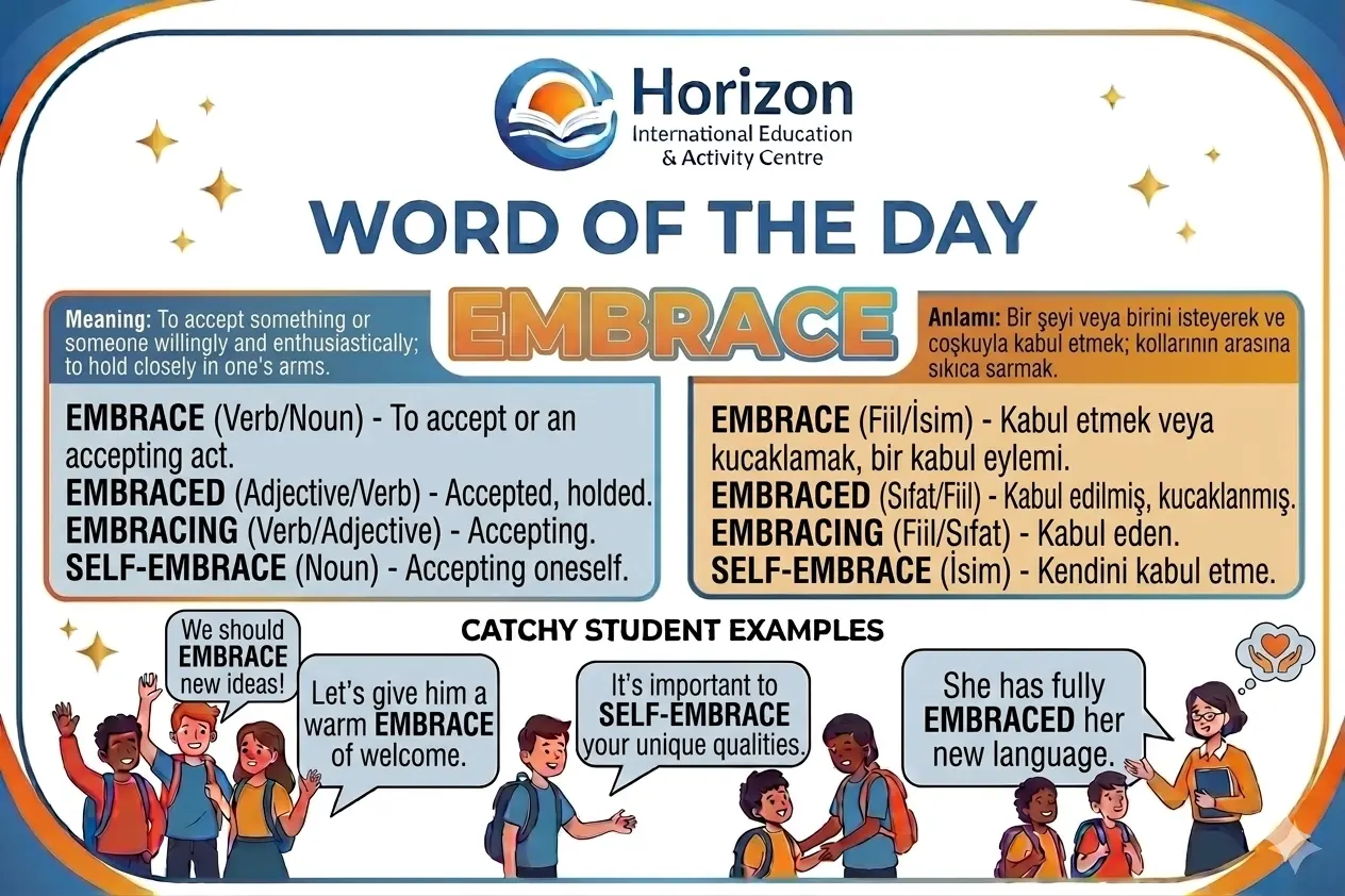 Word of the Day card for the word embrace with English and Turkish meanings and illustrated examples.